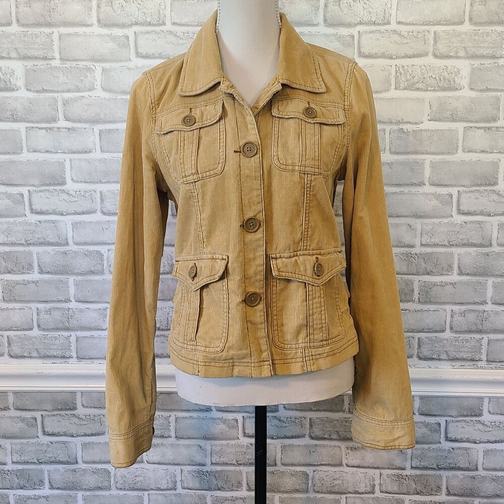 Vintage Y2K Corduroy Jacket Tan Made in Hong Kong Pockets Retro Distressed L